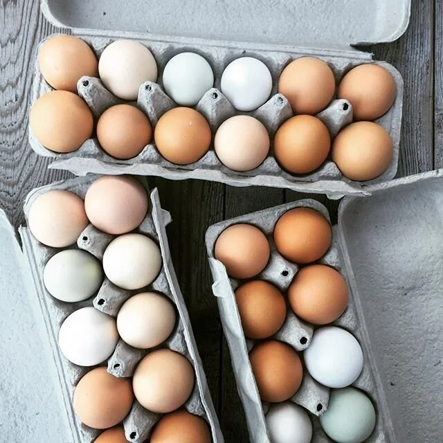 Assorted eggs in various colors displayed in egg cartons on a wooden surface, showcasing a range of fresh, organic eggs ideal for cooking and baking.